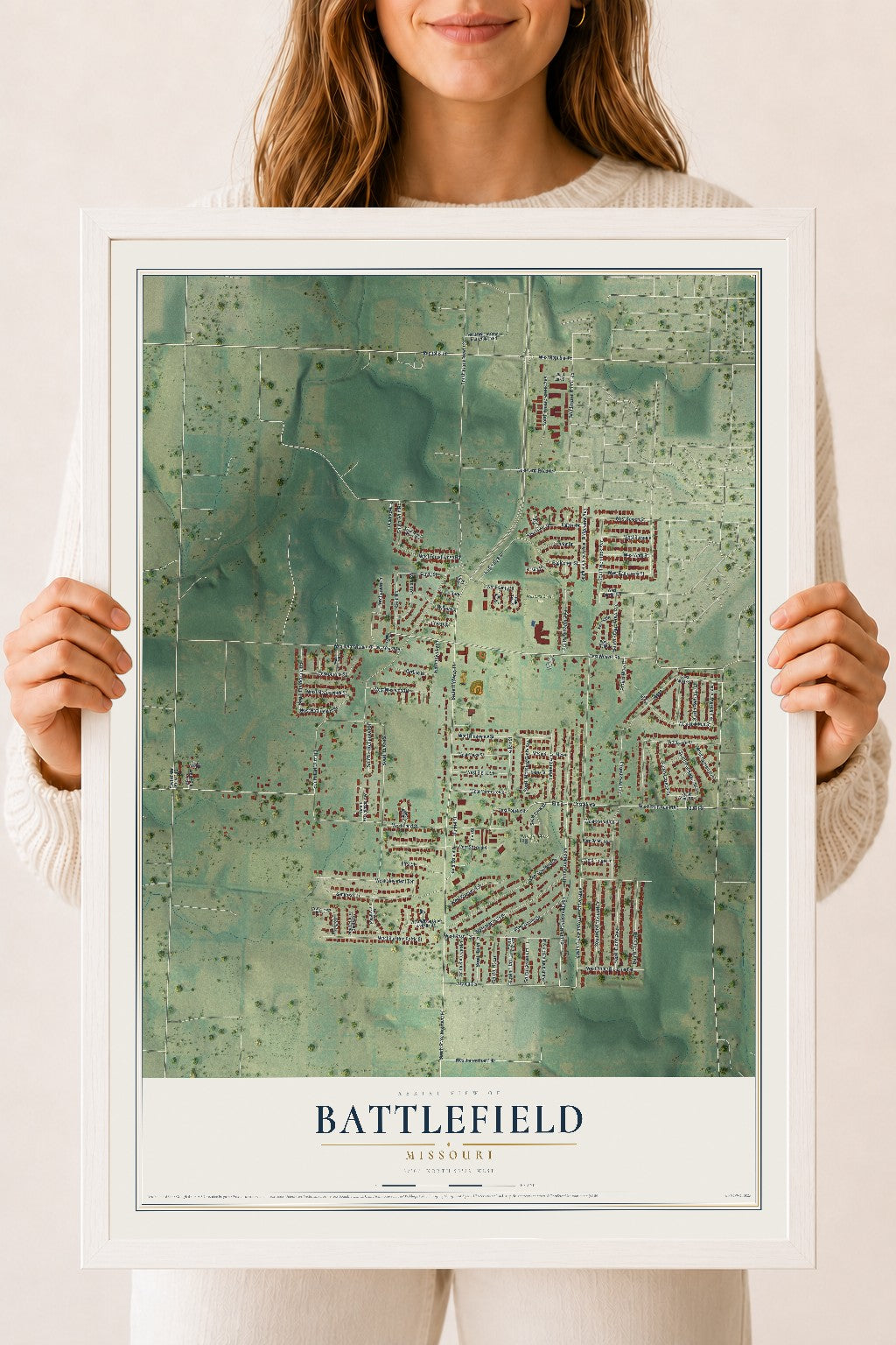 Map of Battlefield, Missouri, 18 x 24 inch print in a white wood frame