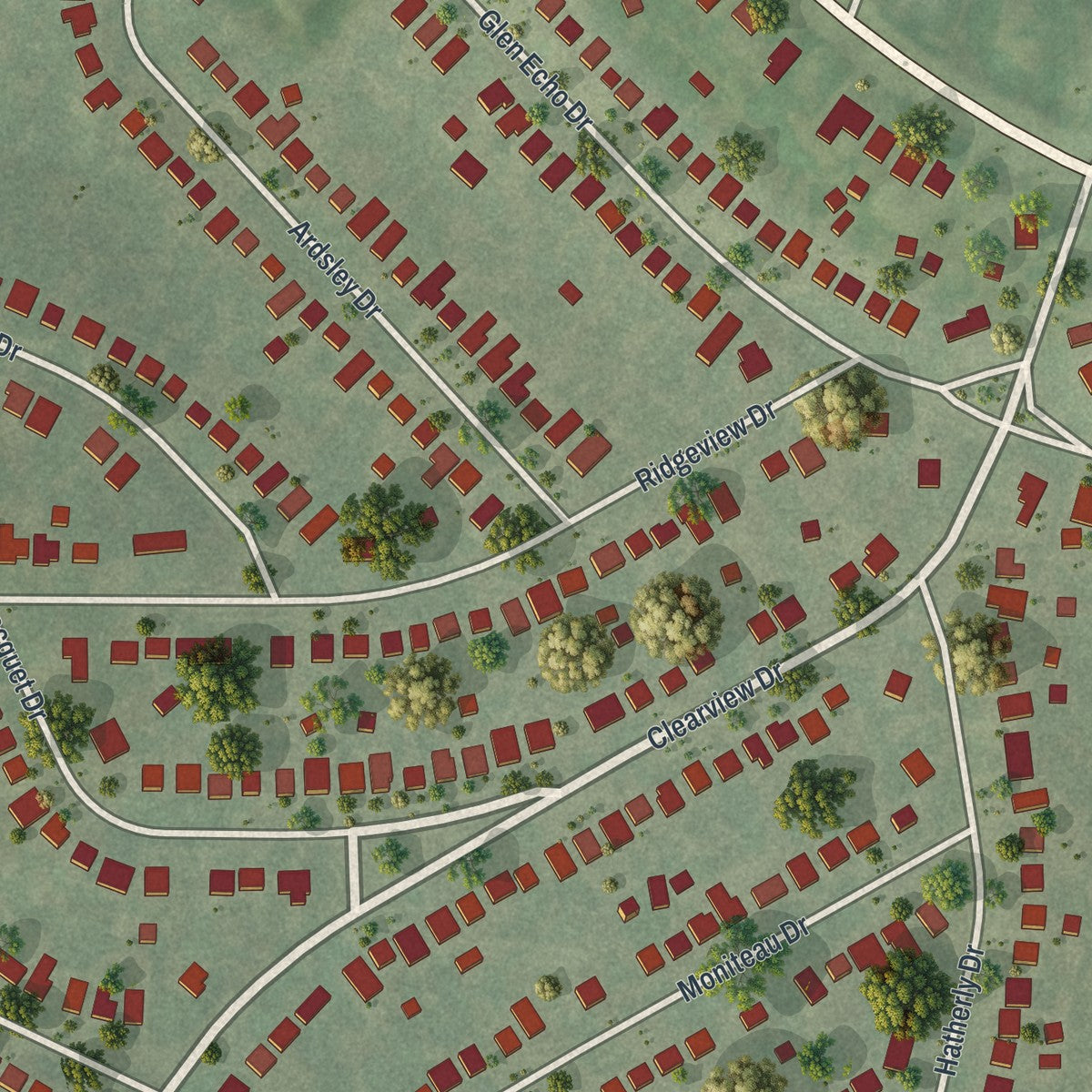 Close-up of the map of Bel-Nor, Missouri print showing street and building detail