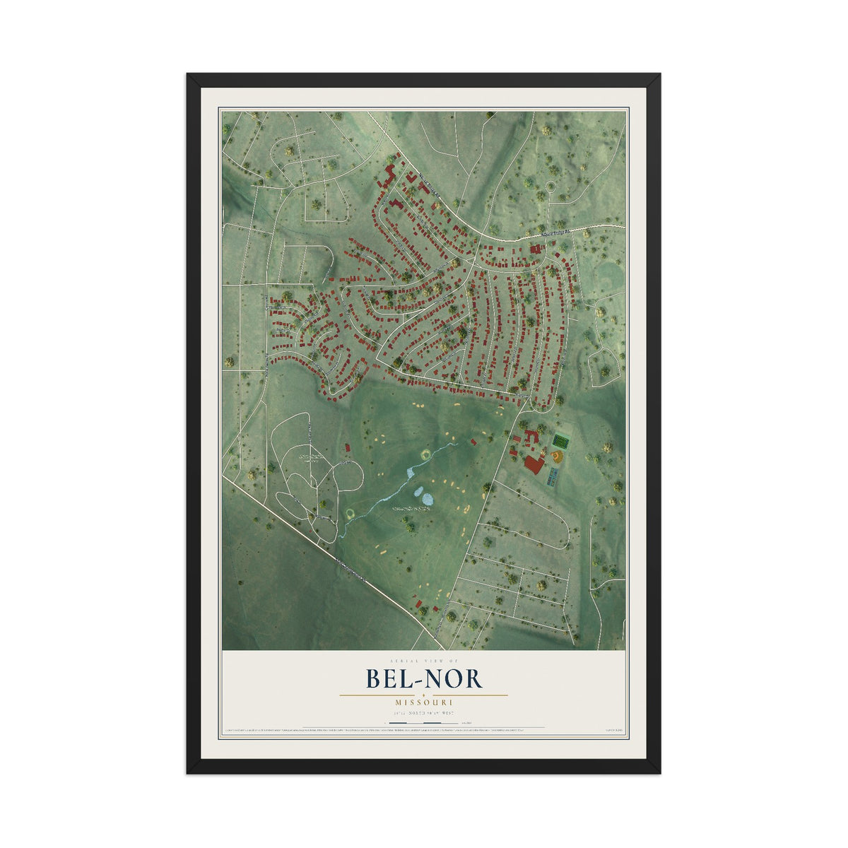 Map of Bel-Nor, Missouri, 12 x 18 inch print in a black wood frame