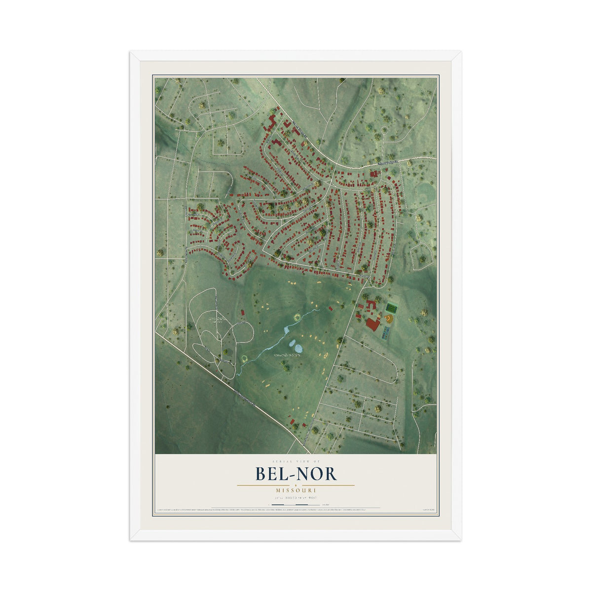 Map of Bel-Nor, Missouri, 12 x 18 inch print in a white wood frame