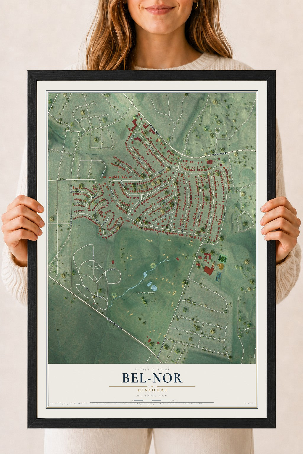 Map of Bel-Nor, Missouri, 18 x 24 inch print in a black wood frame