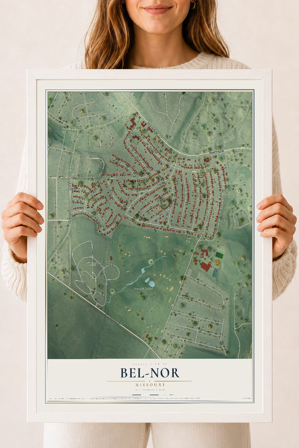 Map of Bel-Nor, Missouri, 18 x 24 inch print in a white wood frame