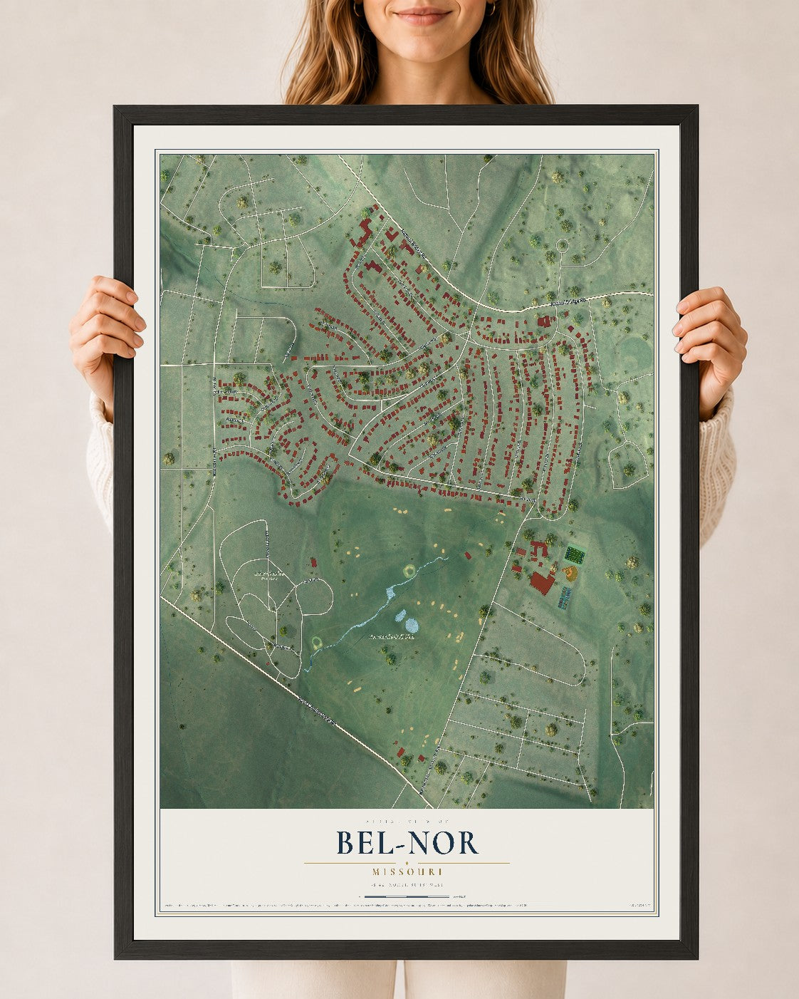 Map of Bel-Nor, Missouri, 24 x 36 inch print in a black wood frame