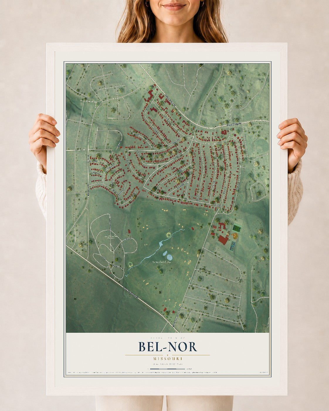 Map of Bel-Nor, Missouri, 24 x 36 inch print in a white wood frame