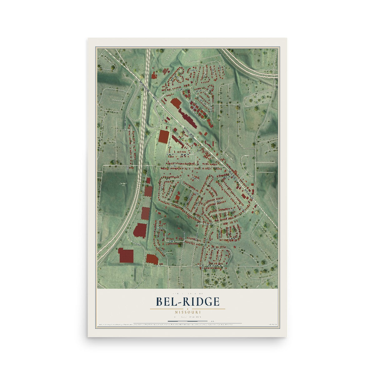 Map of Bel-Ridge, Missouri, 12 x 18 inch unframed archival matte print