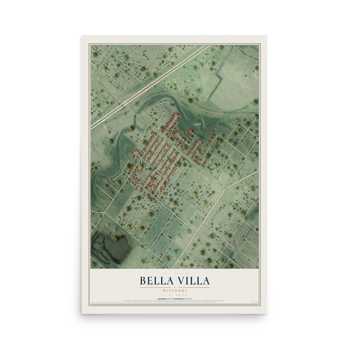 Map of Bella Villa, Missouri, 12 x 18 inch unframed archival matte print
