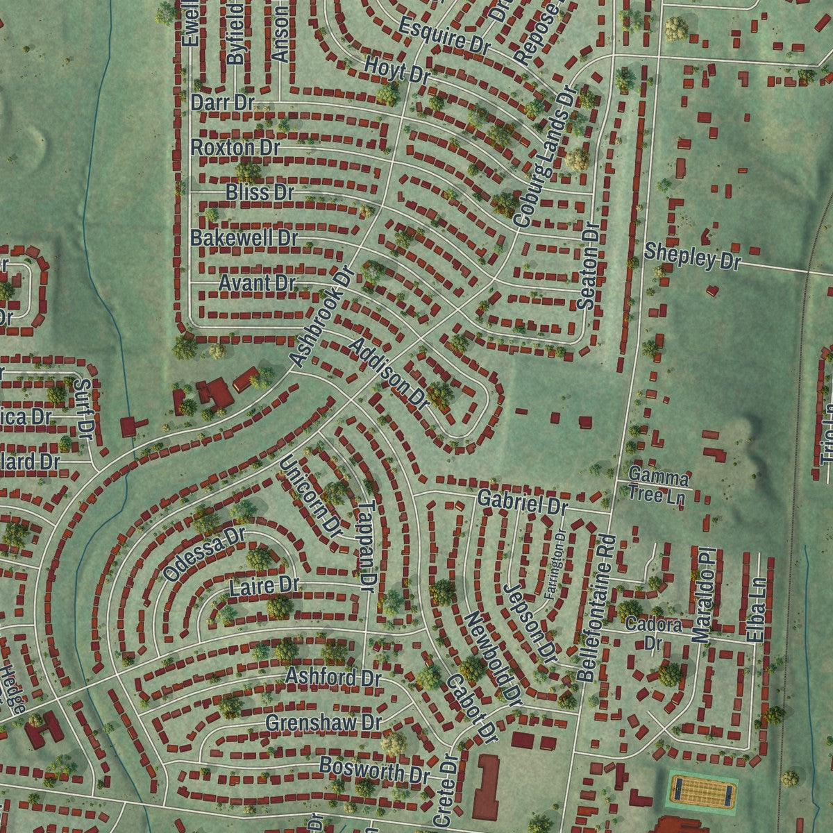 Close-up of the map of Bellefontaine Neighbors, Missouri print showing street and building detail
