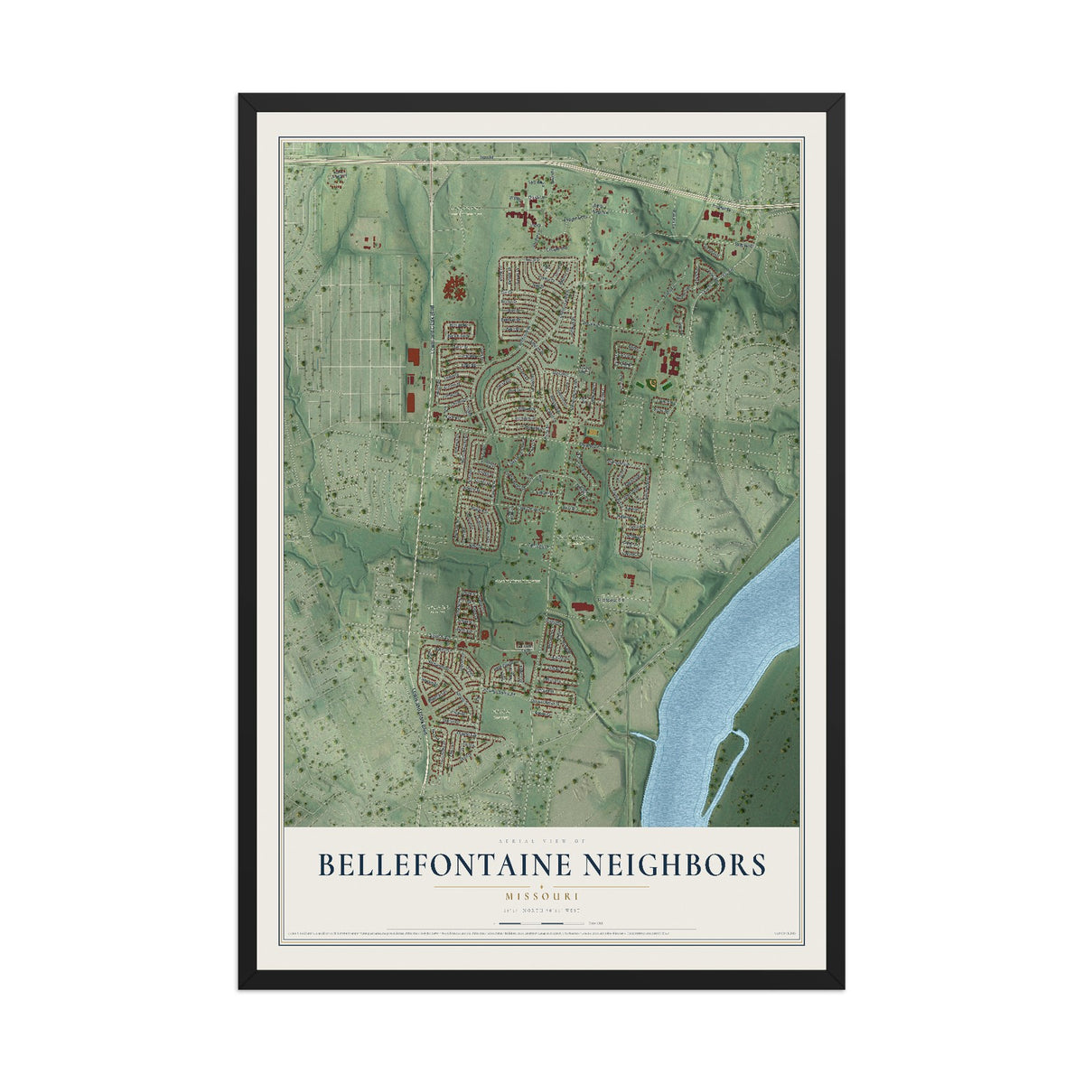 Map of Bellefontaine Neighbors, Missouri, 12 x 18 inch print in a black wood frame