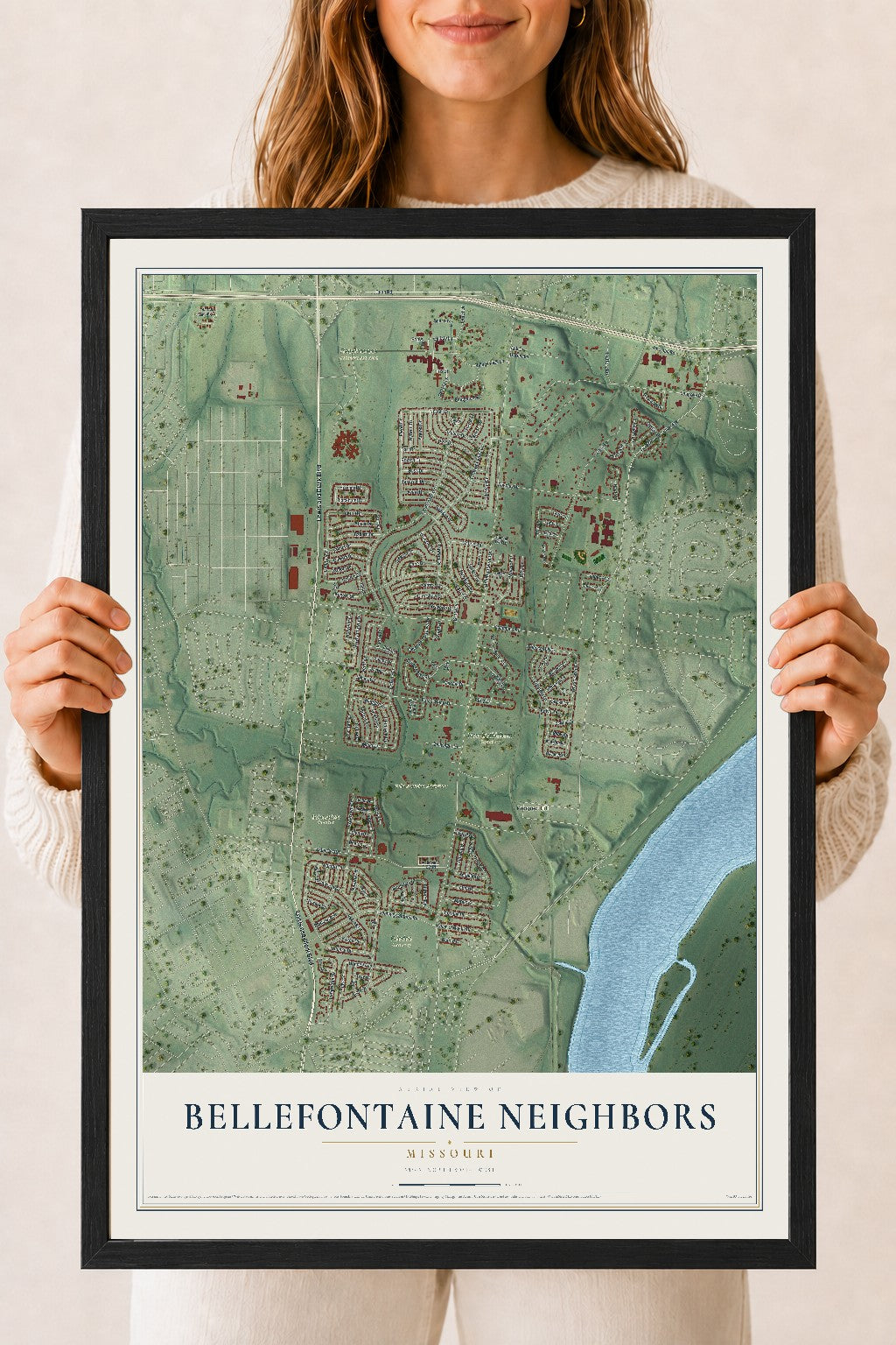 Map of Bellefontaine Neighbors, Missouri, 18 x 24 inch print in a black wood frame