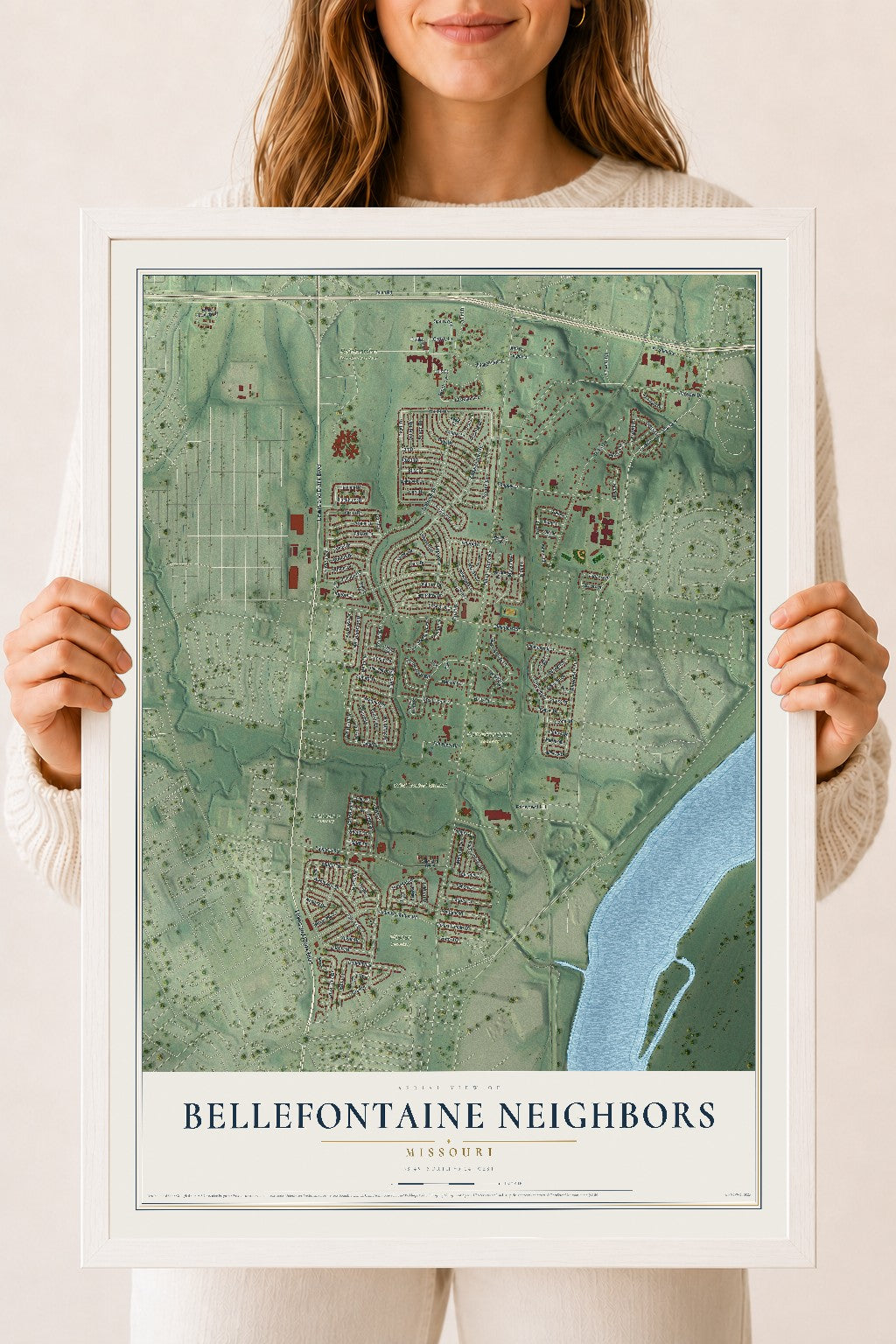 Map of Bellefontaine Neighbors, Missouri, 18 x 24 inch print in a white wood frame
