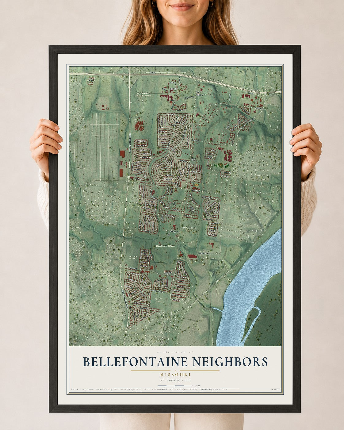 Map of Bellefontaine Neighbors, Missouri, 24 x 36 inch print in a black wood frame