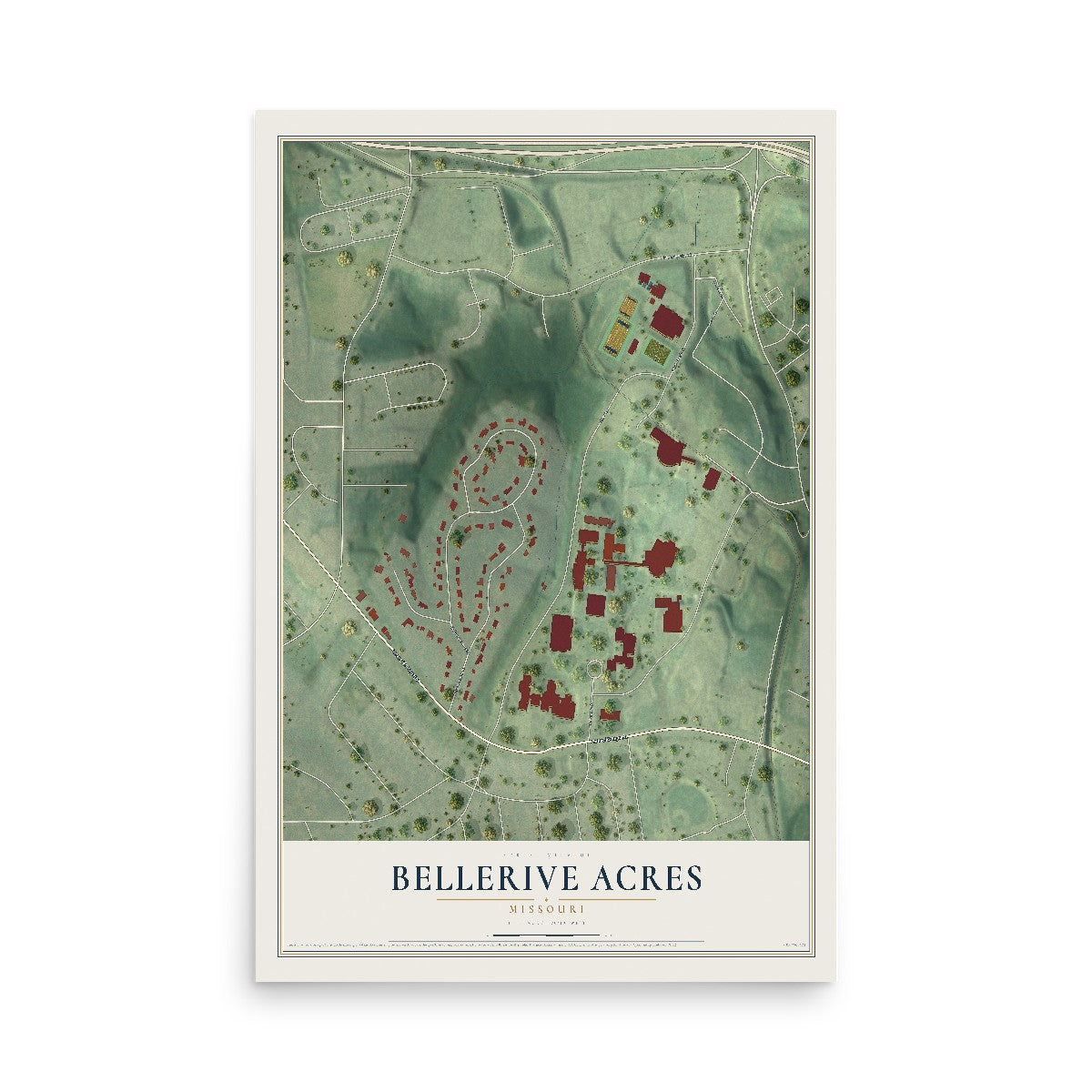 Map of Bellerive Acres, Missouri, 12 x 18 inch unframed archival matte print
