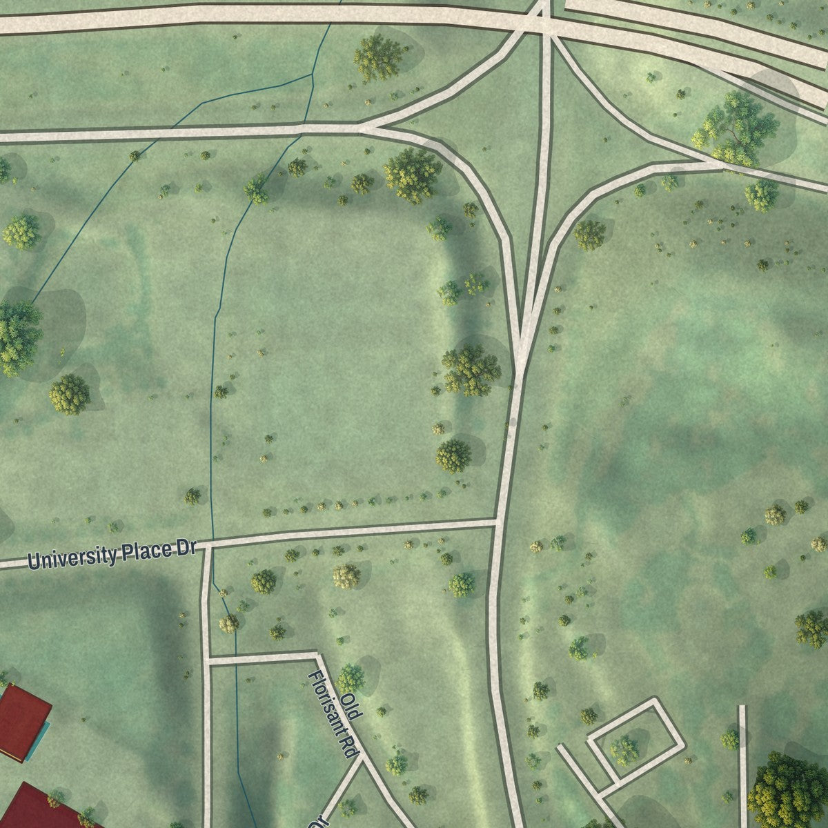 Second close-up of the map of Bellerive Acres, Missouri print showing more streets and buildings