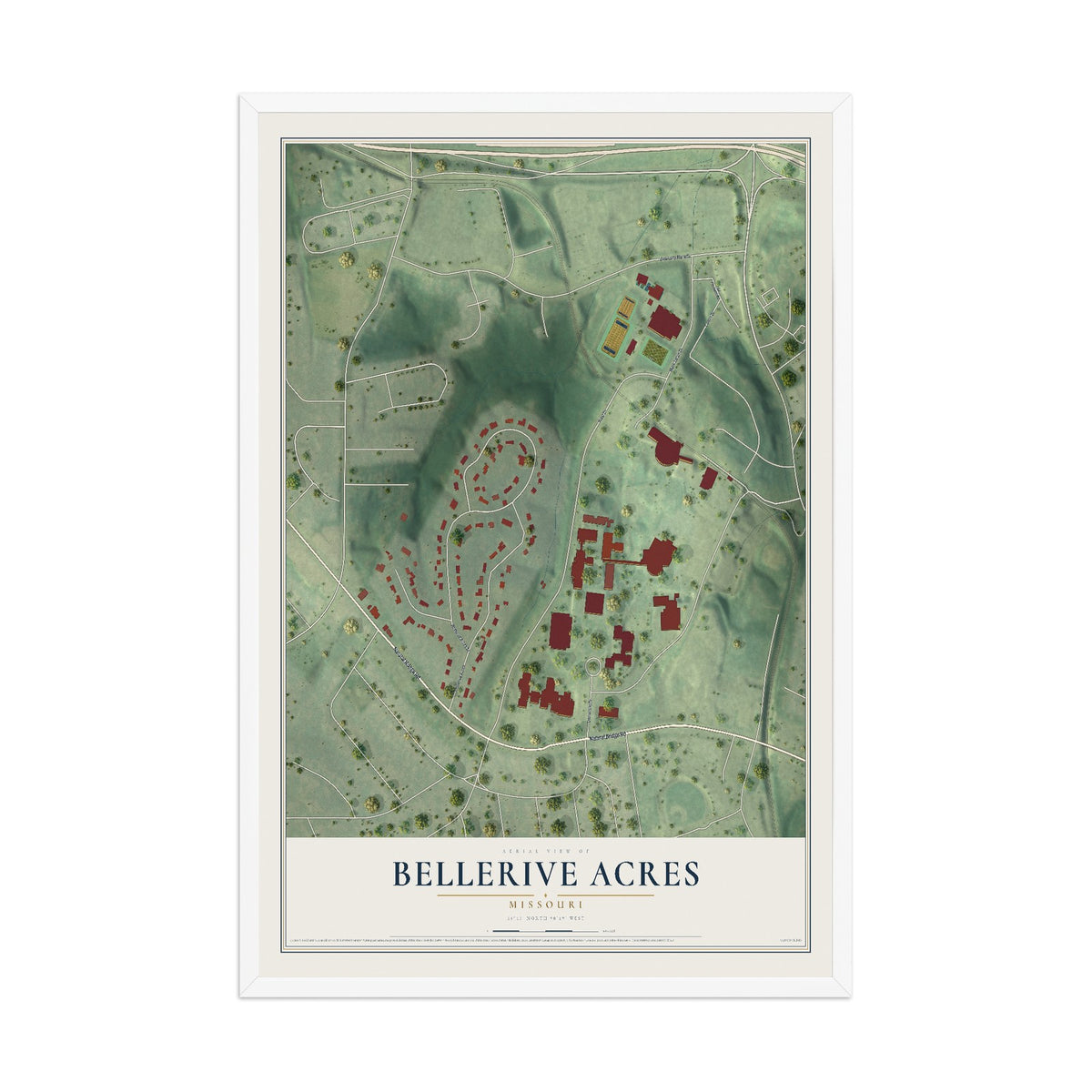 Map of Bellerive Acres, Missouri, 12 x 18 inch print in a white wood frame