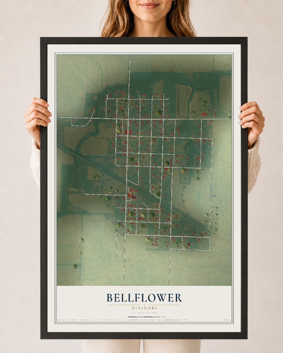 Map of Bellflower, Missouri, 24 x 36 inch print in a black wood frame