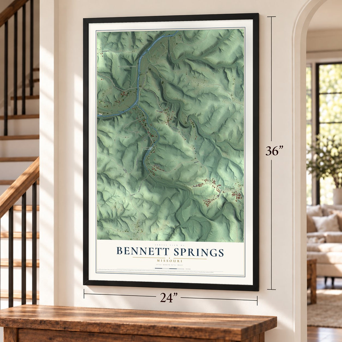 Bennett Springs, Missouri map, 24 x 36 inch print in a black frame by a staircase
