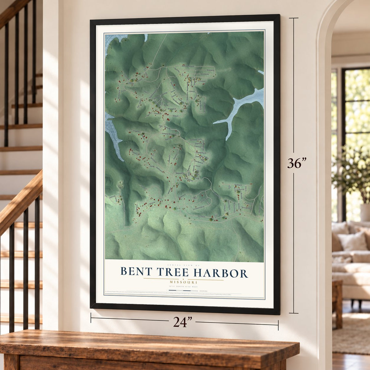 Bent Tree Harbor, Missouri map, 24 x 36 inch print in a black frame by a staircase