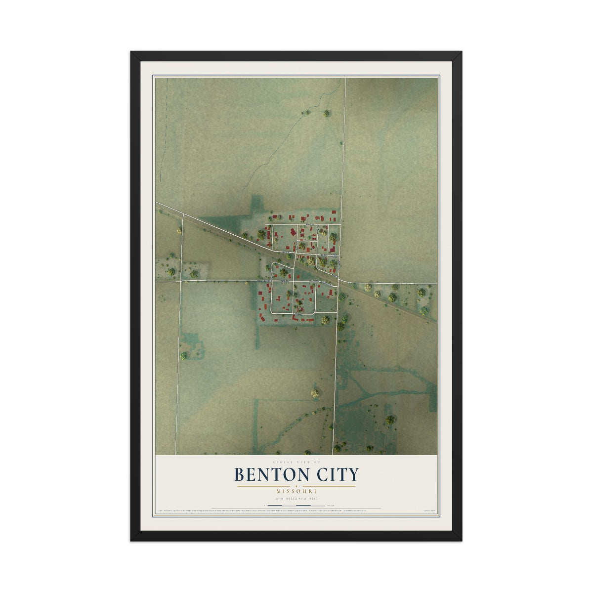 Map of Benton City, Missouri, 12 x 18 inch print in a black wood frame