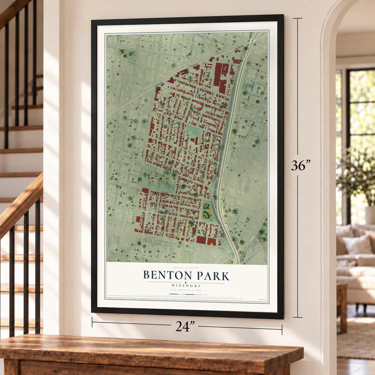 Benton Park, Missouri map, 24 x 36 inch print in a black frame by a staircase