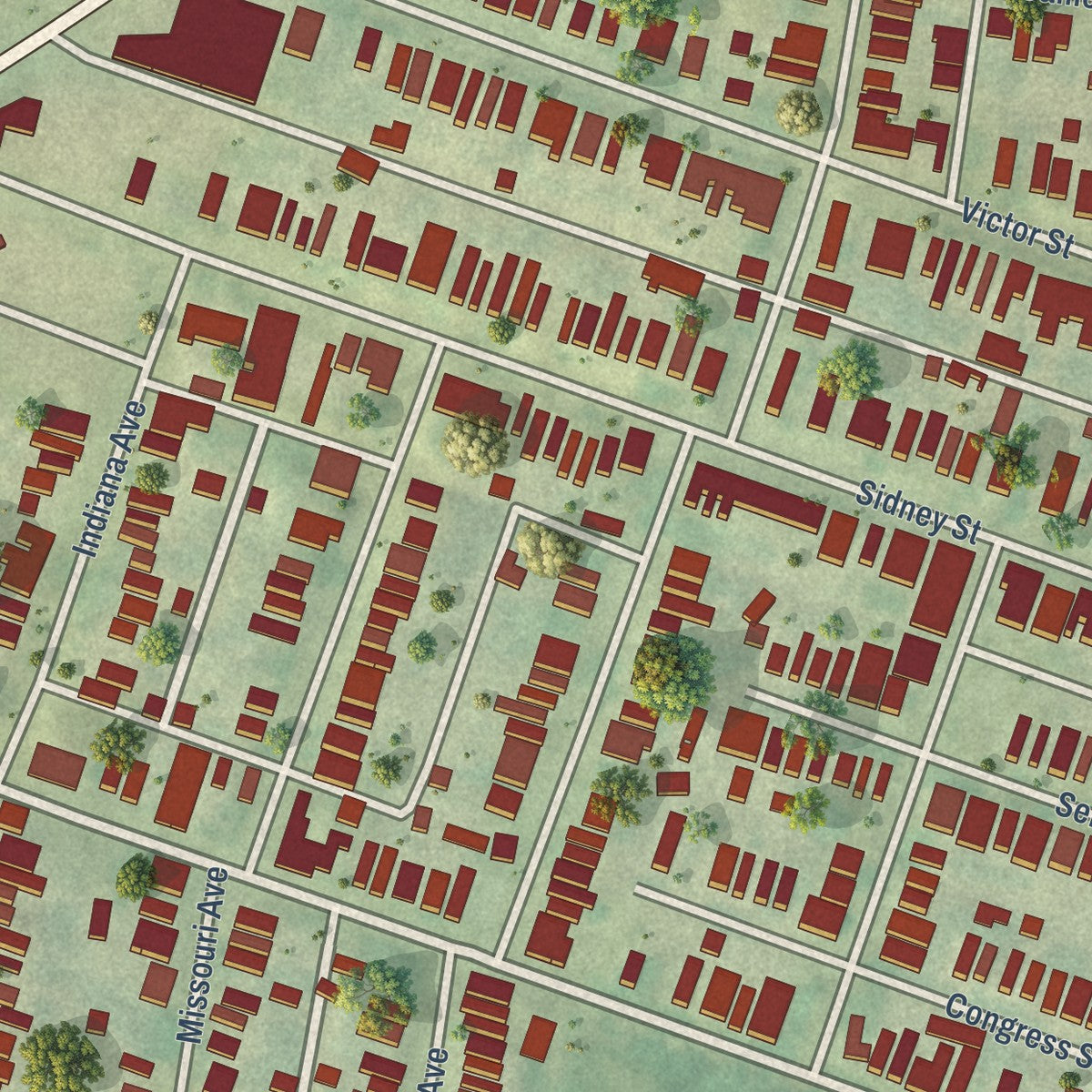 Close-up of the map of Benton Park, Missouri print showing street and building detail