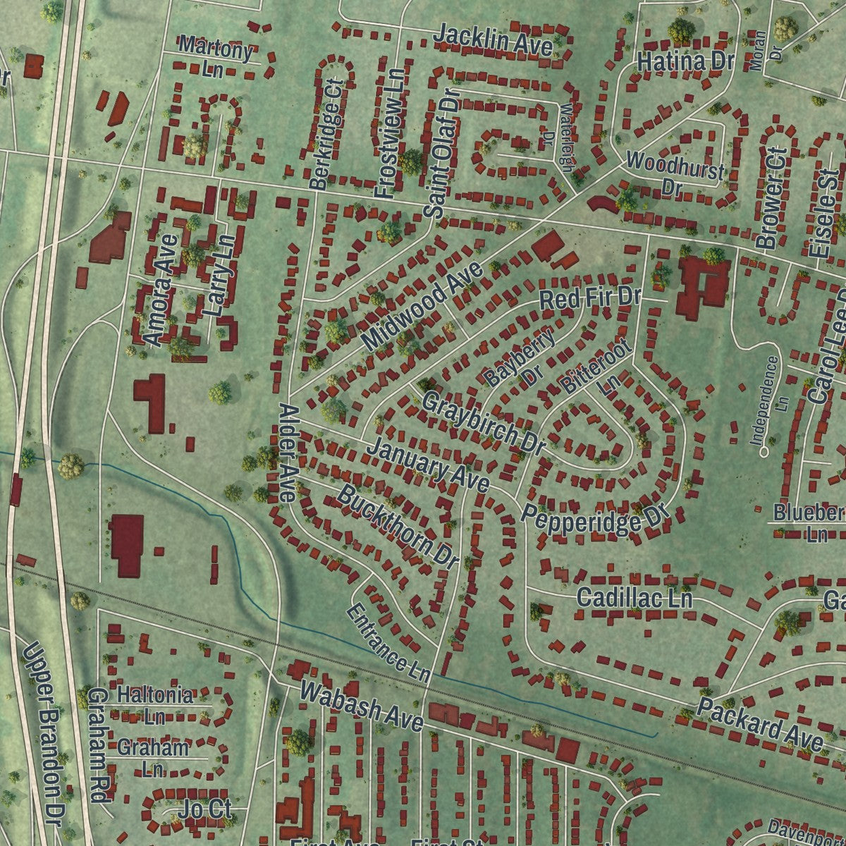 Close-up of the map of Berkeley, Missouri print showing street and building detail