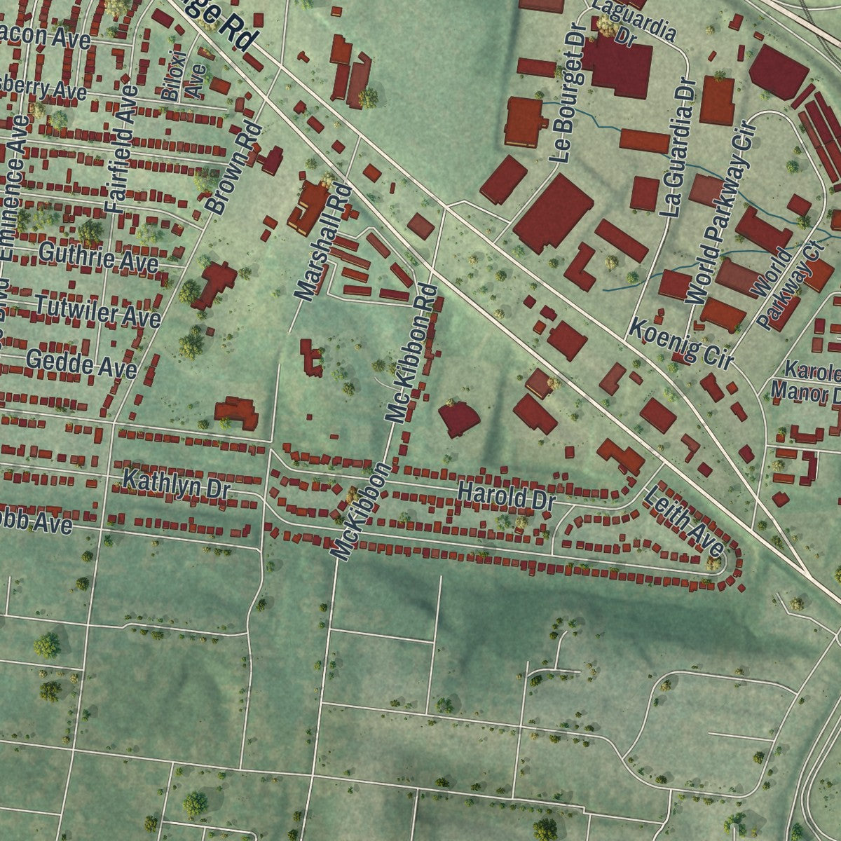 Second close-up of the map of Berkeley, Missouri print showing more streets and buildings