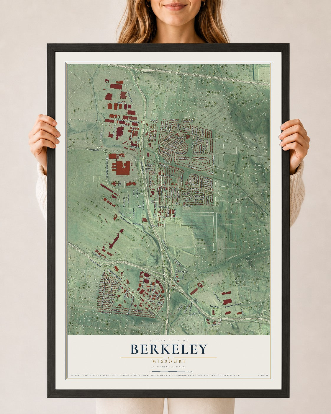 Map of Berkeley, Missouri, 24 x 36 inch print in a black wood frame
