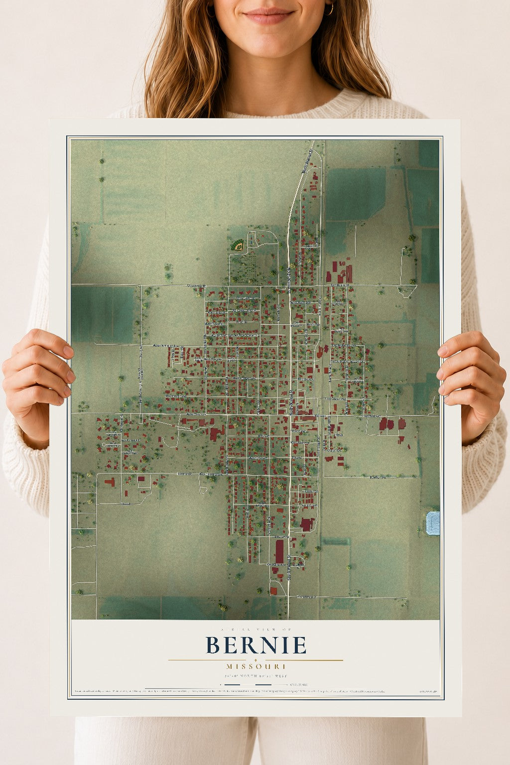 Map of Bernie, Missouri, 18 x 24 inch unframed archival matte print