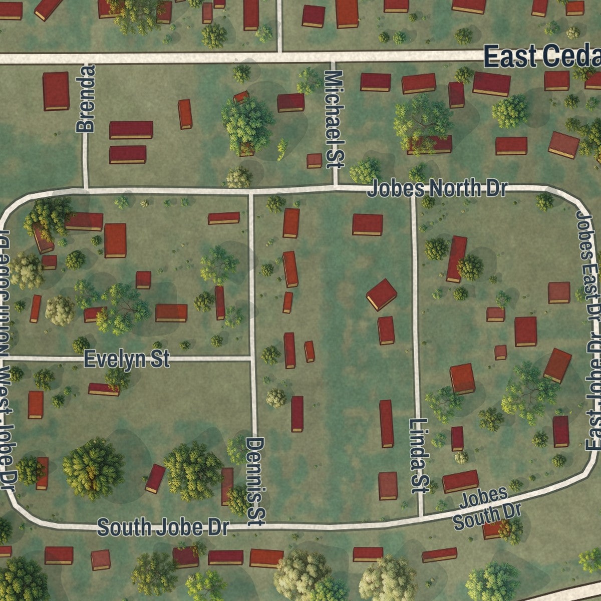 Second close-up of the map of Bertrand, Missouri print showing more streets and buildings