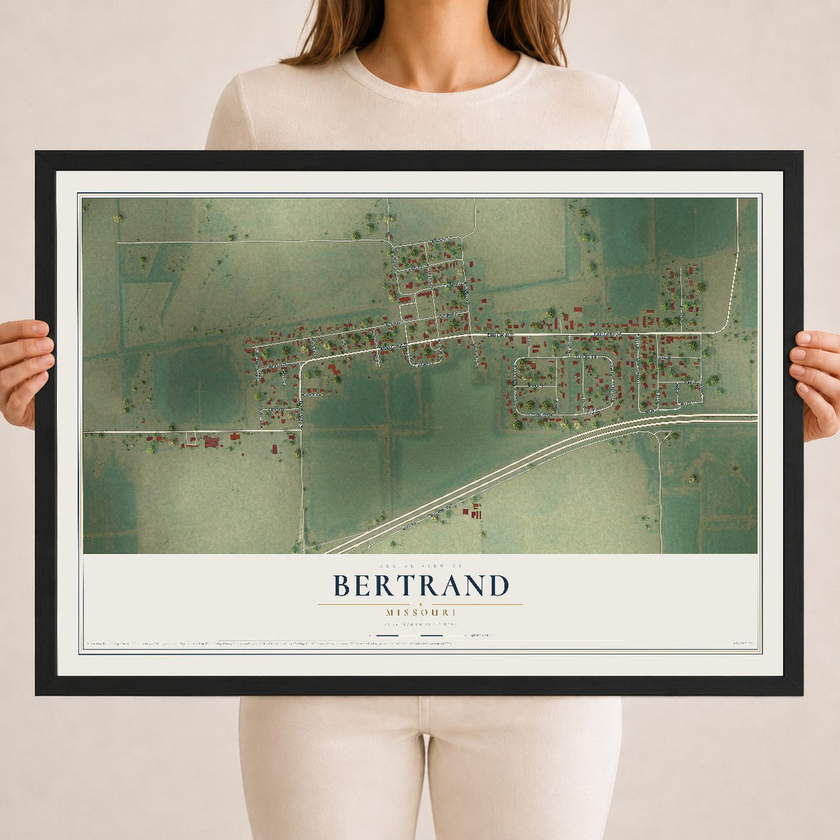 Map of Bertrand, Missouri, 18 x 24 inch print in a black wood frame