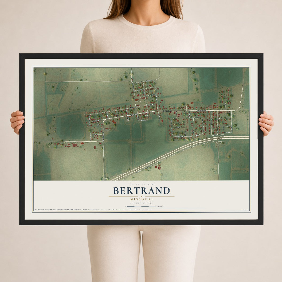 Map of Bertrand, Missouri, 24 x 36 inch print in a black wood frame