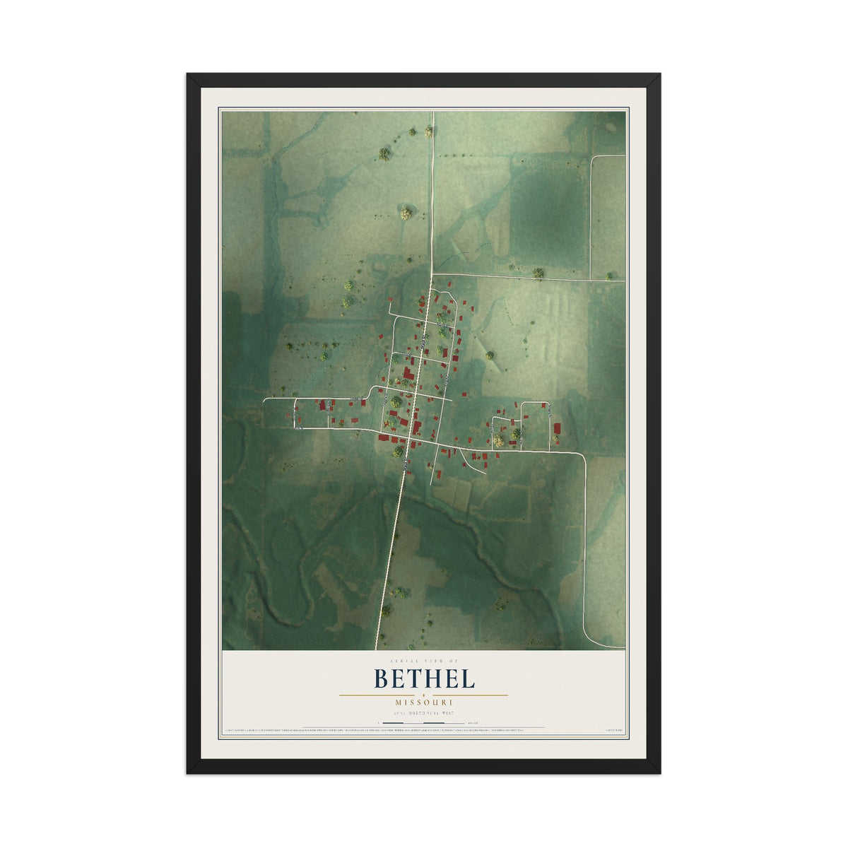 Map of Bethel, Missouri, 12 x 18 inch print in a black wood frame