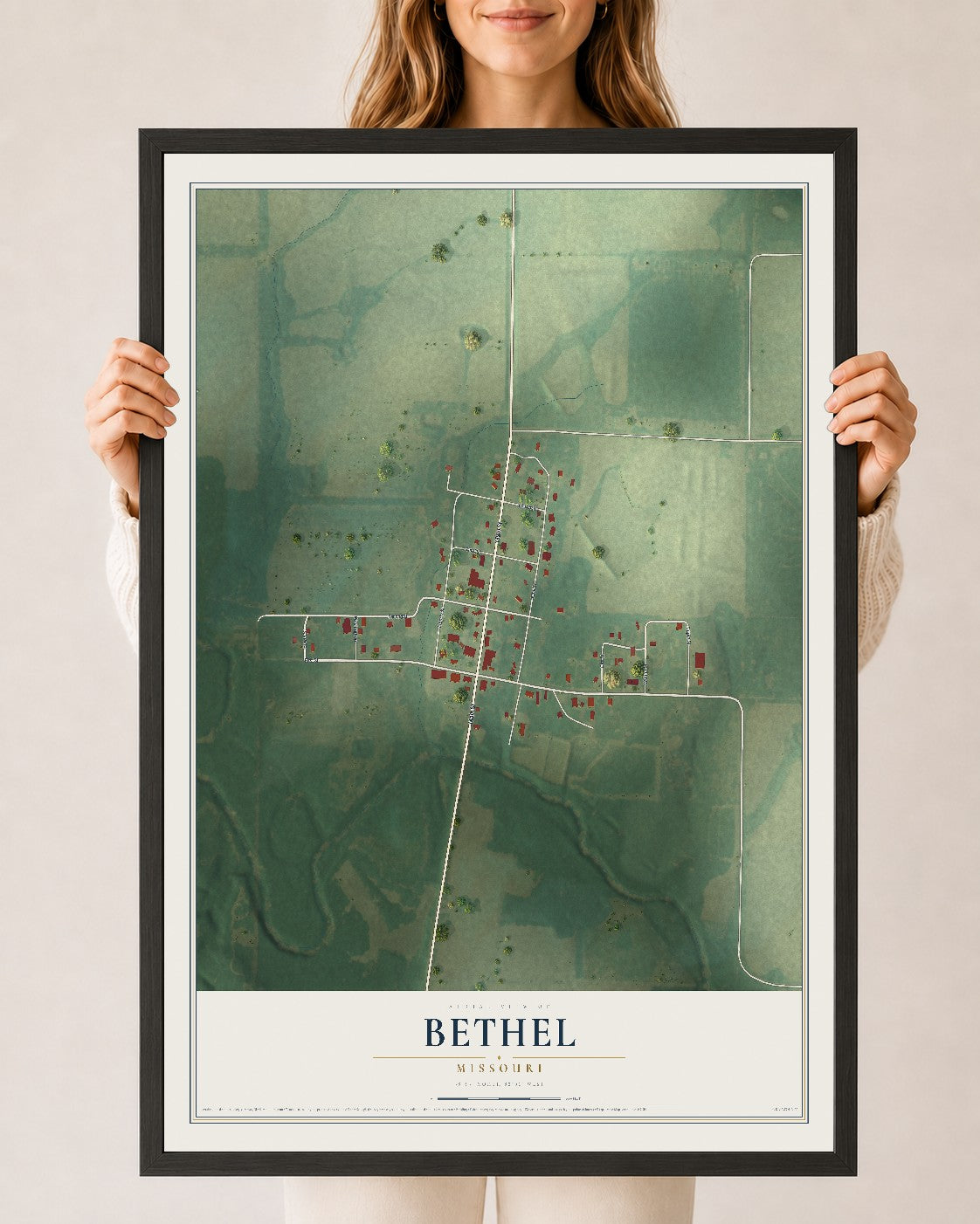 Map of Bethel, Missouri, 24 x 36 inch print in a black wood frame