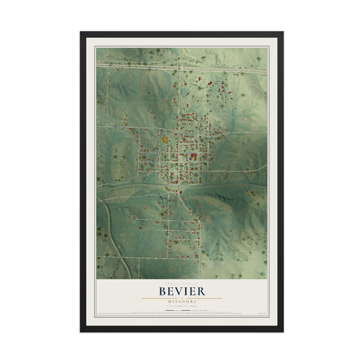 Map of Bevier, Missouri, 12 x 18 inch print in a black wood frame