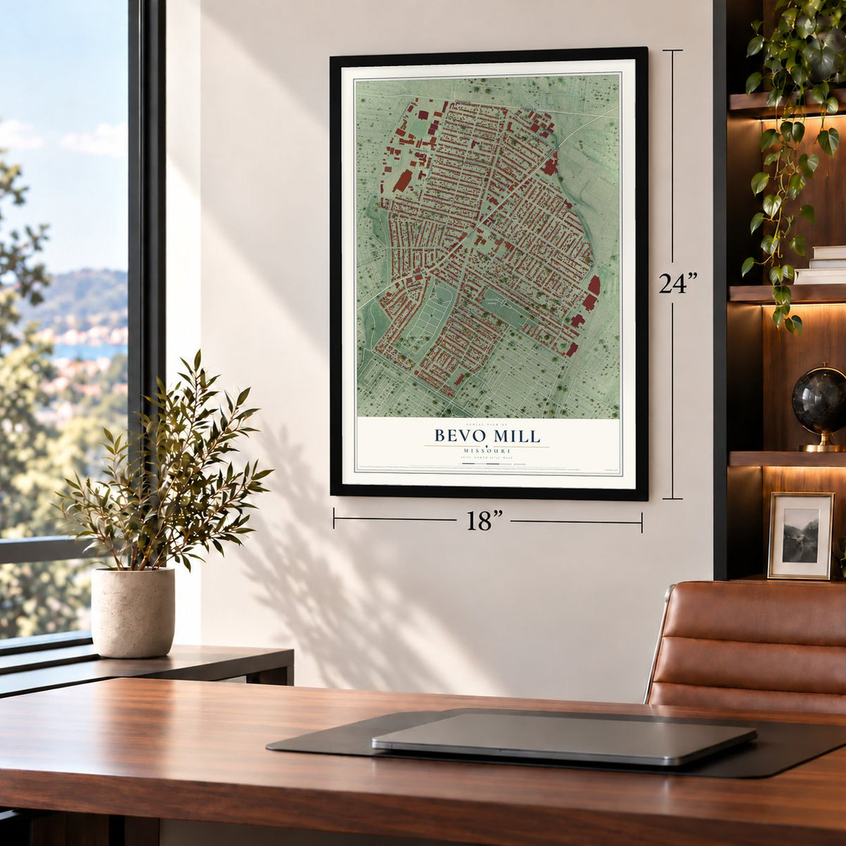 Bevo Mill, Missouri map, 18 x 24 inch print in a black frame in a home office