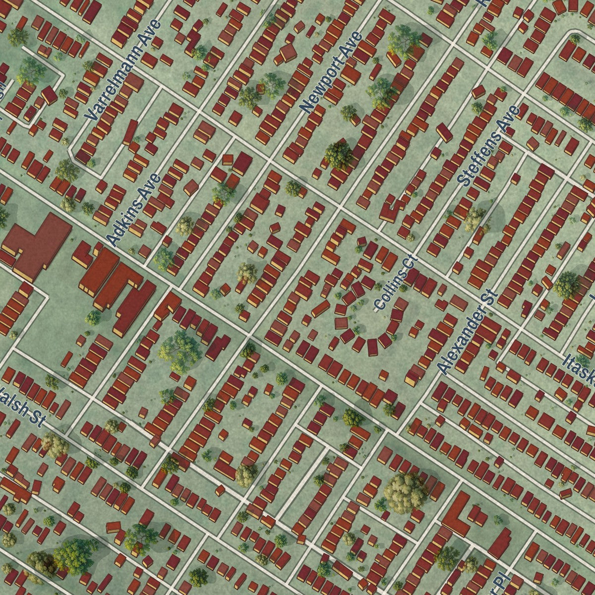 Close-up of the map of Bevo Mill, Missouri print showing street and building detail
