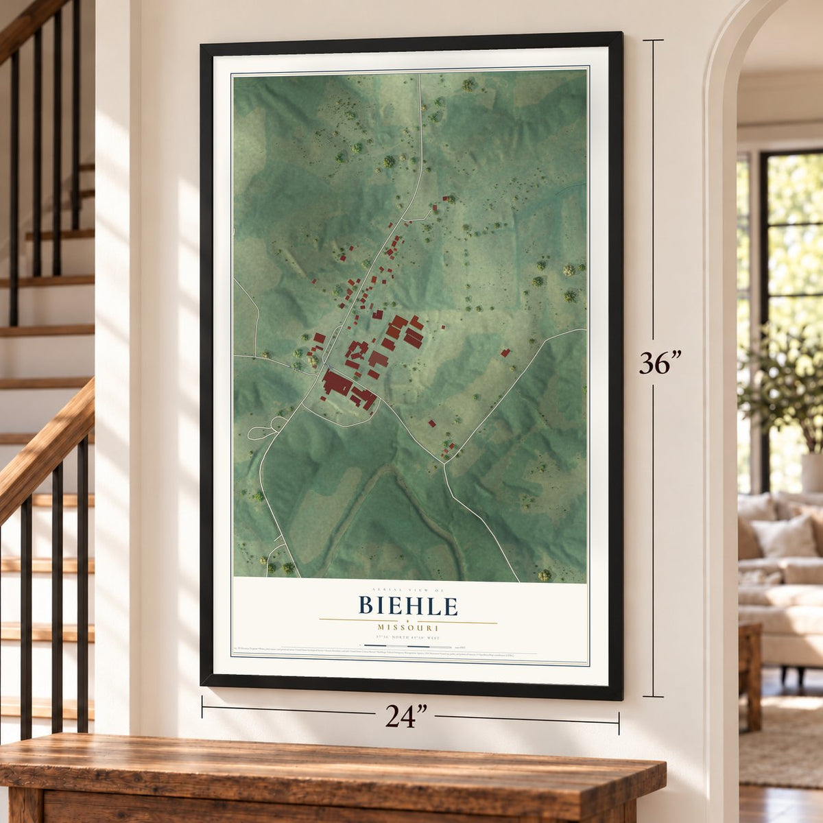 Biehle, Missouri map, 24 x 36 inch print in a black frame by a staircase