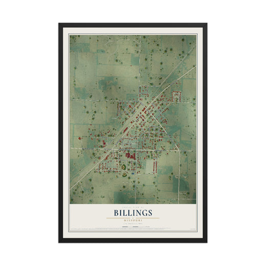 Map of Billings, Missouri, 12 x 18 inch print in a black wood frame