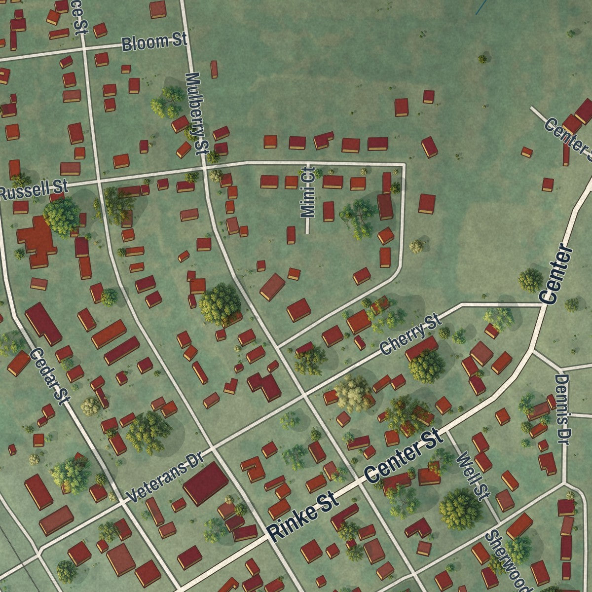 Close-up of the map of Bismarck, Missouri print showing street and building detail