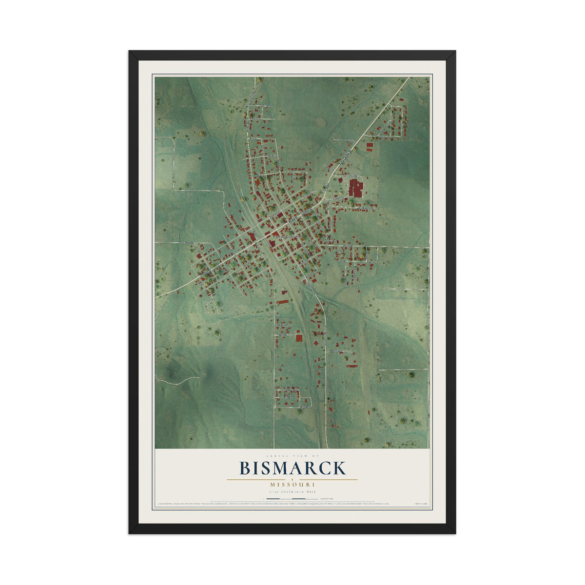 Map of Bismarck, Missouri, 12 x 18 inch print in a black wood frame
