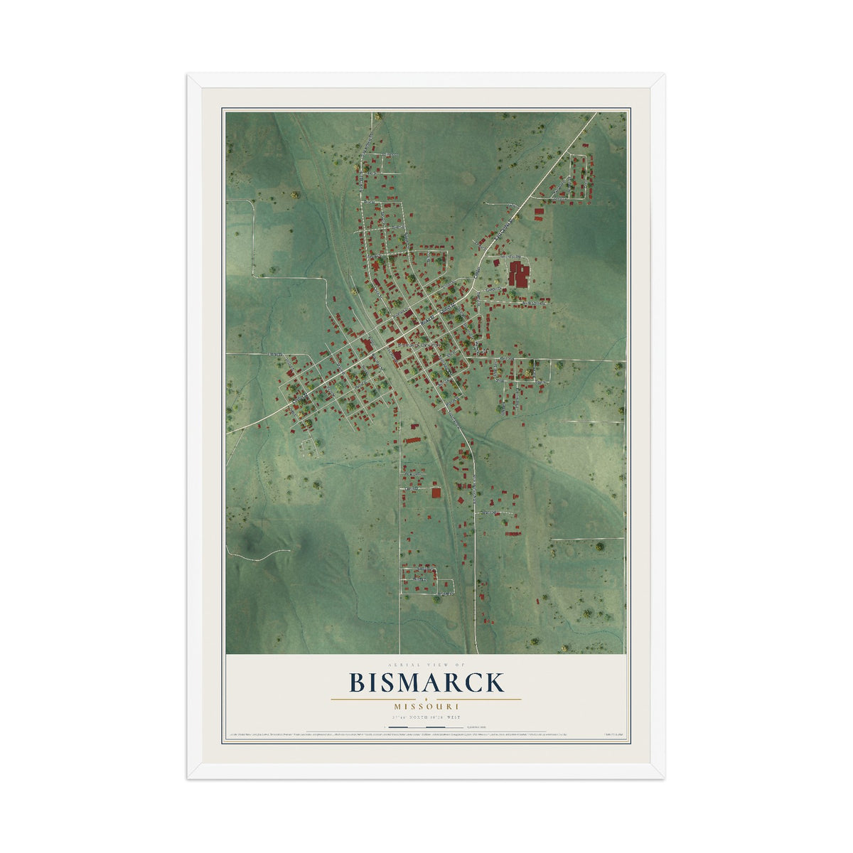 Map of Bismarck, Missouri, 12 x 18 inch print in a white wood frame