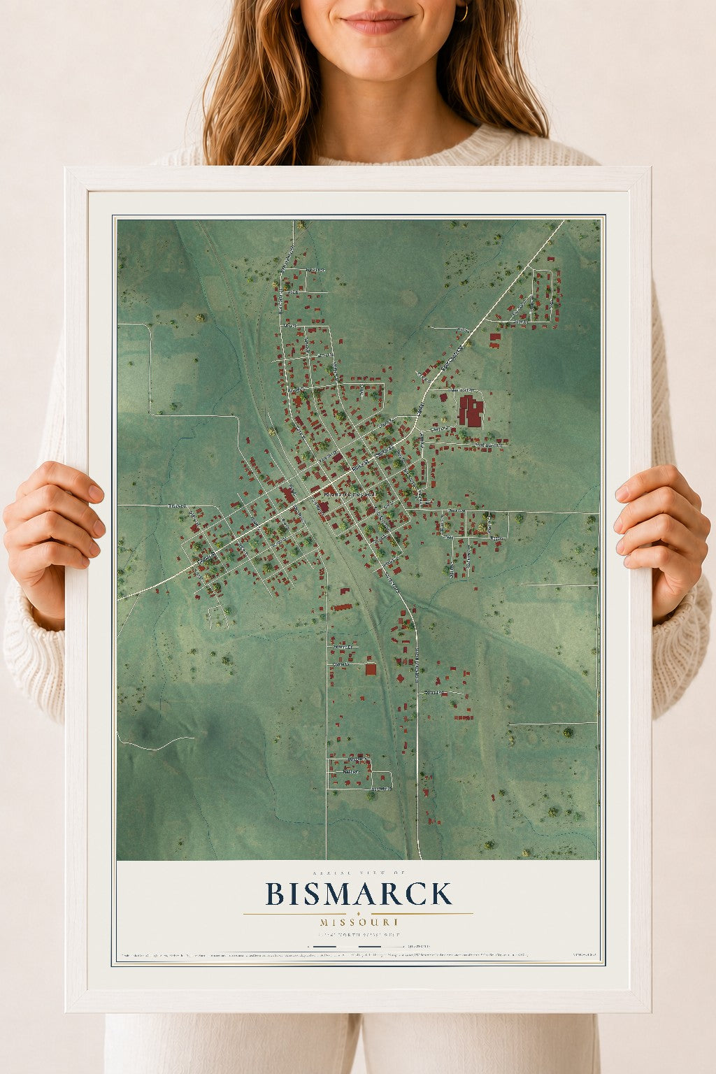 Map of Bismarck, Missouri, 18 x 24 inch print in a white wood frame