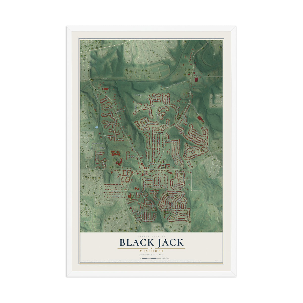 Map of Black Jack, Missouri, 12 x 18 inch print in a white wood frame