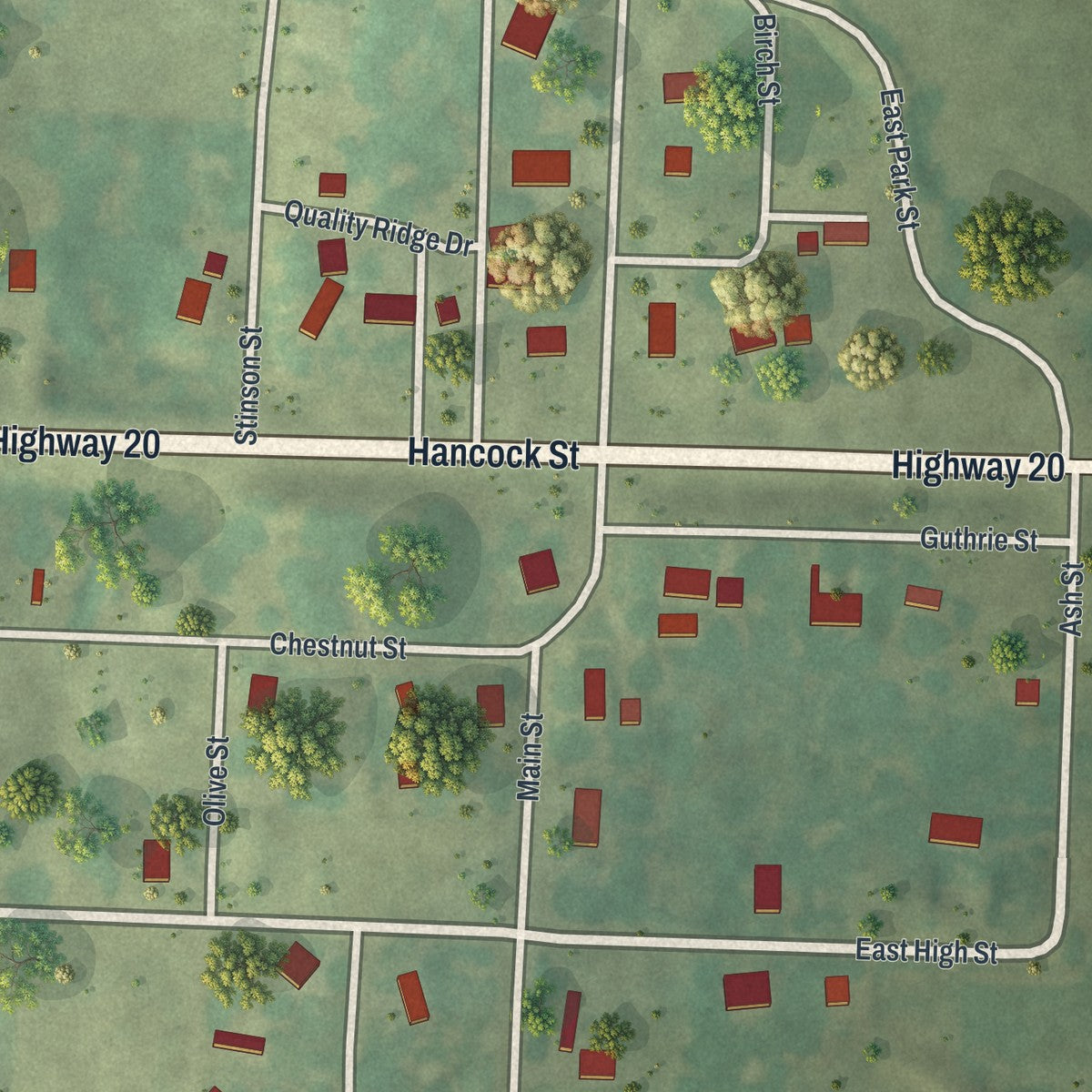 Close-up of the map of Blackburn, Missouri print showing street and building detail
