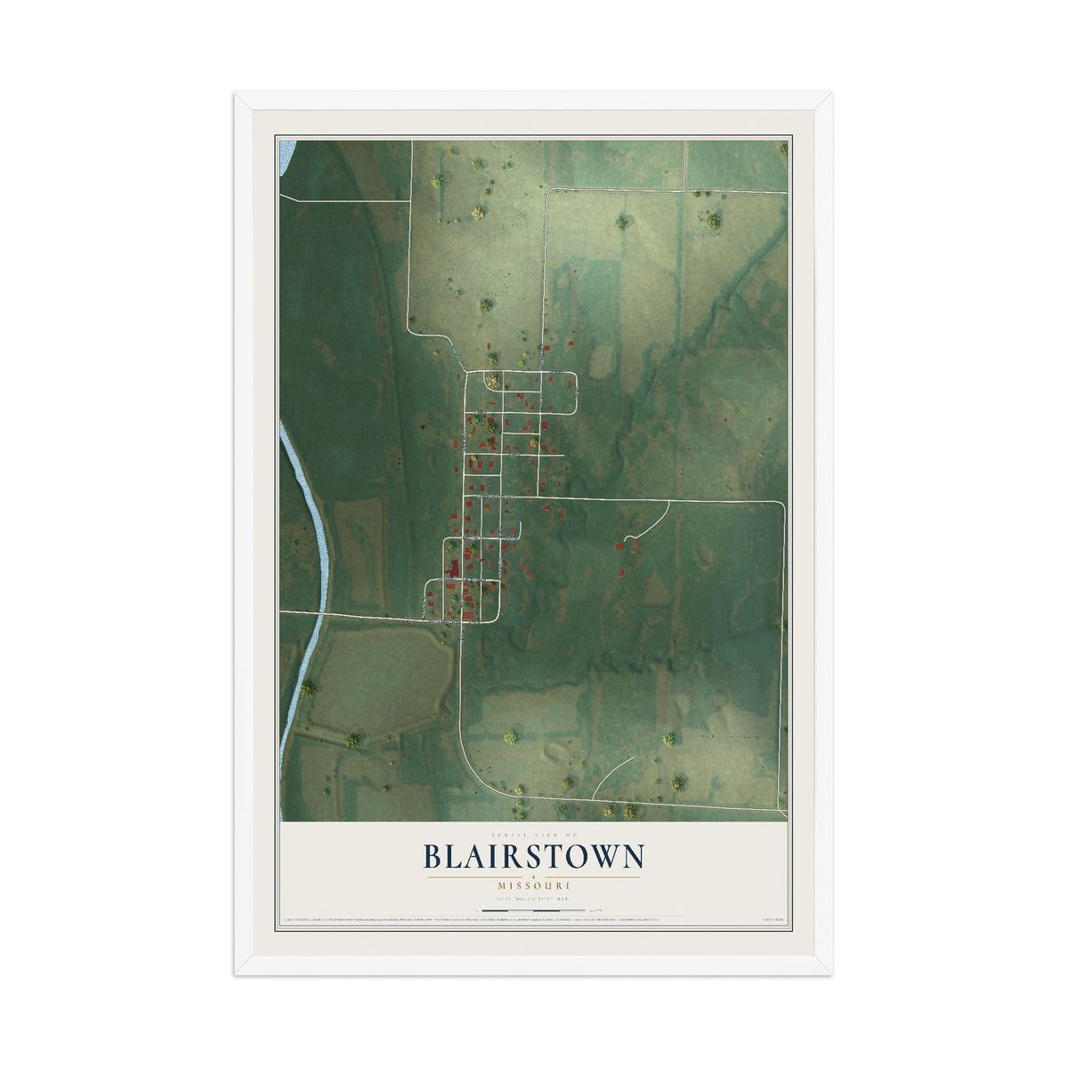 Map of Blairstown, Missouri, 12 x 18 inch print in a white wood frame
