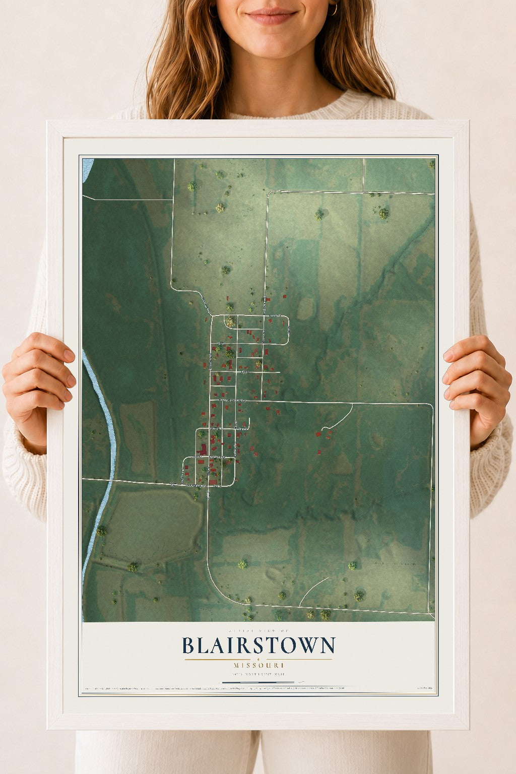 Map of Blairstown, Missouri, 18 x 24 inch print in a white wood frame