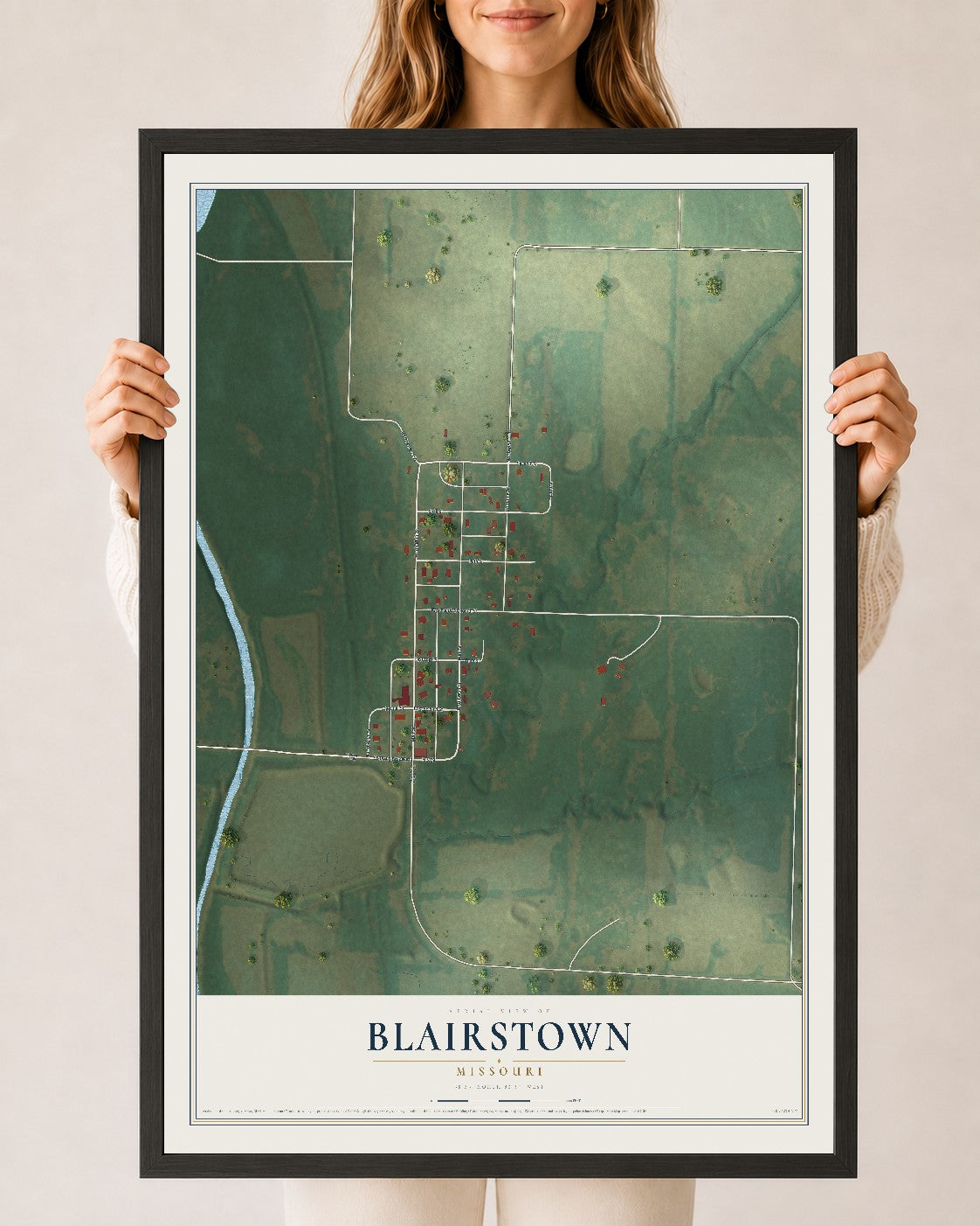 Map of Blairstown, Missouri, 24 x 36 inch print in a black wood frame