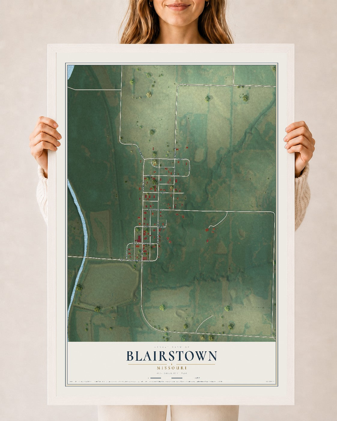 Map of Blairstown, Missouri, 24 x 36 inch print in a white wood frame