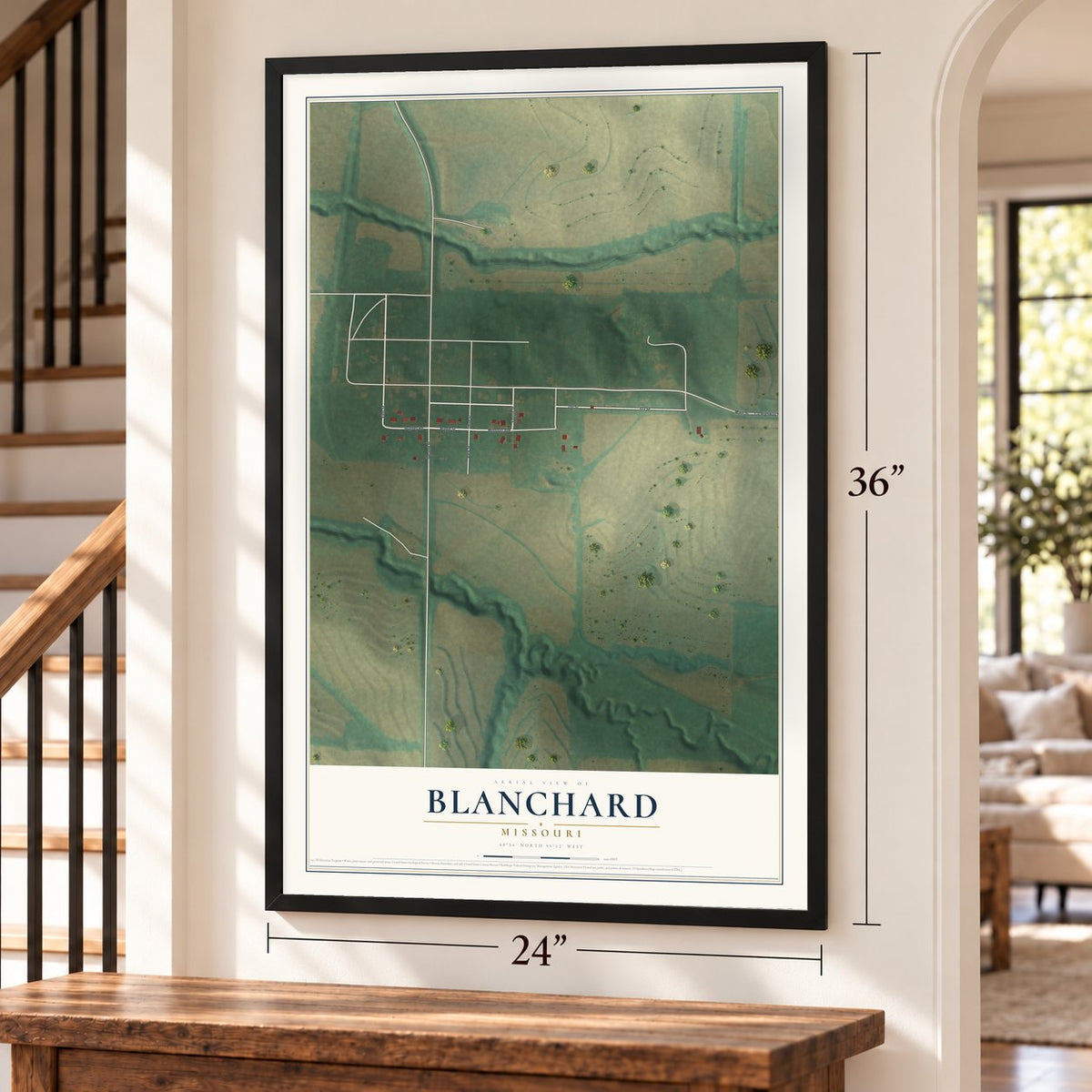 Blanchard, Missouri map, 24 x 36 inch print in a black frame by a staircase