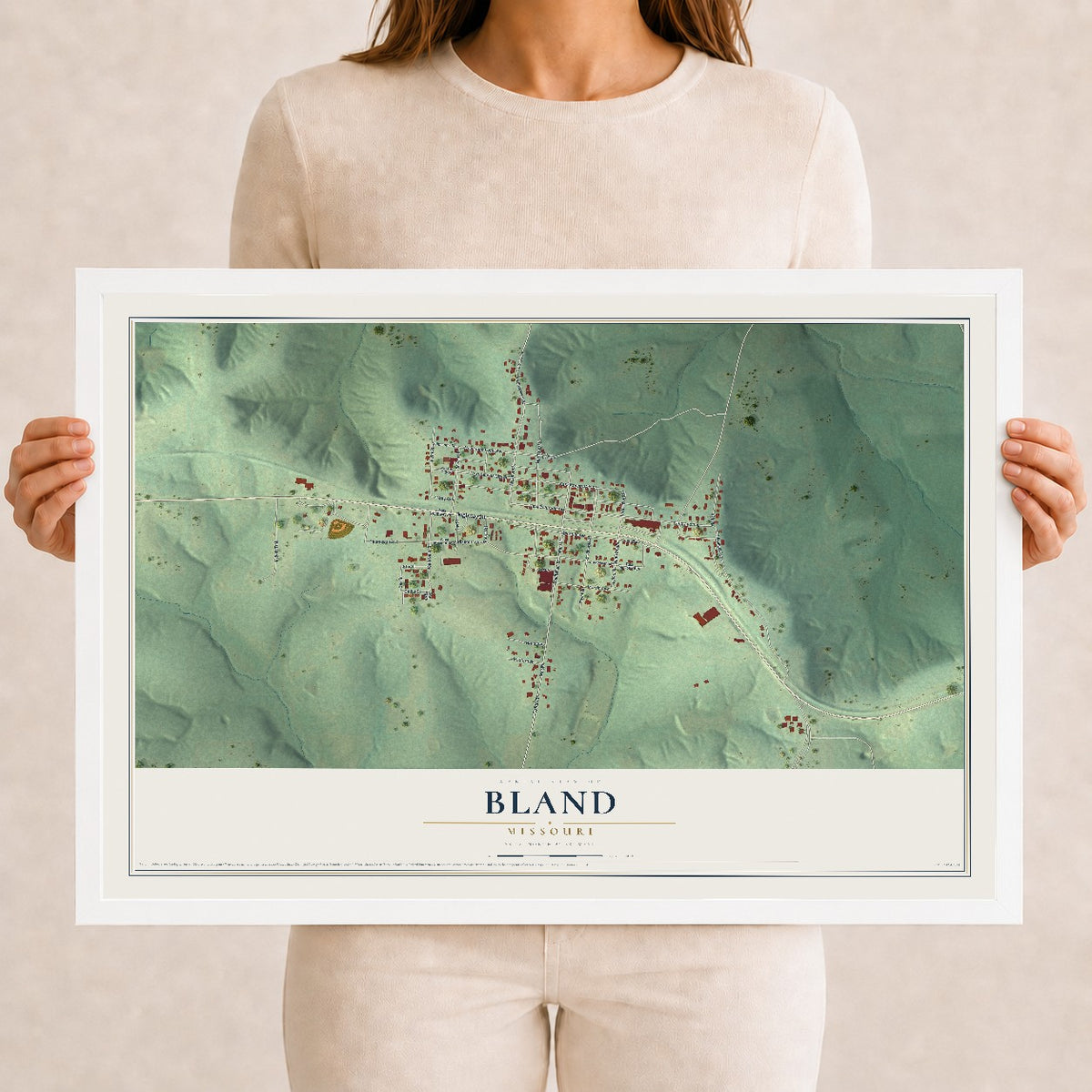 Map of Bland, Missouri, 12 x 18 inch print in a white wood frame